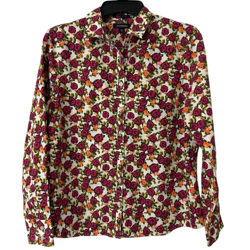 Lands End Pink Floral No Iron Supima Cotton Long Sleeve Cottage Country Top 12